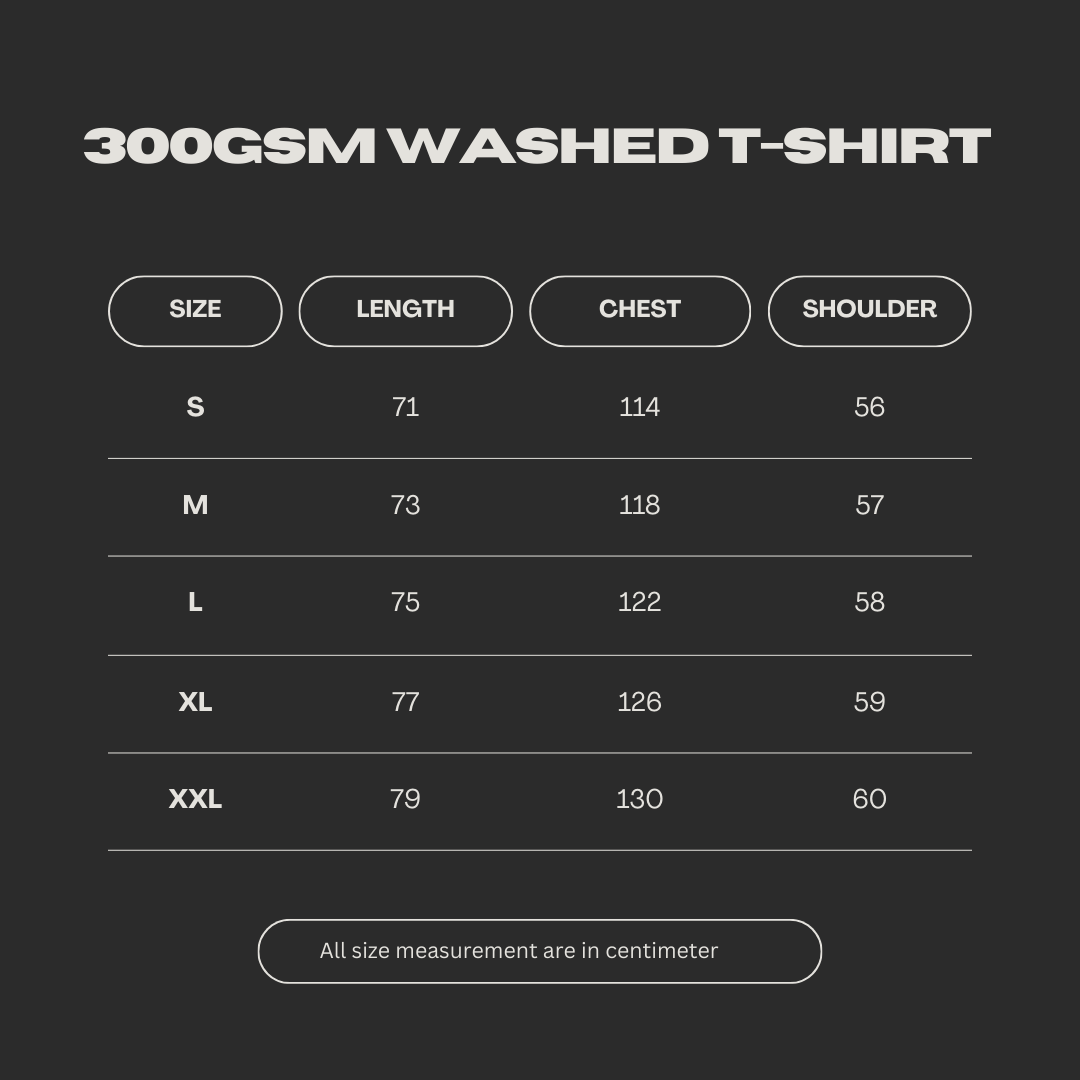 300GSM Washed T-shirt Size Chart