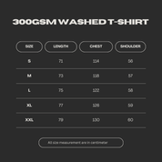 300GSM Washed T-shirt Size Chart